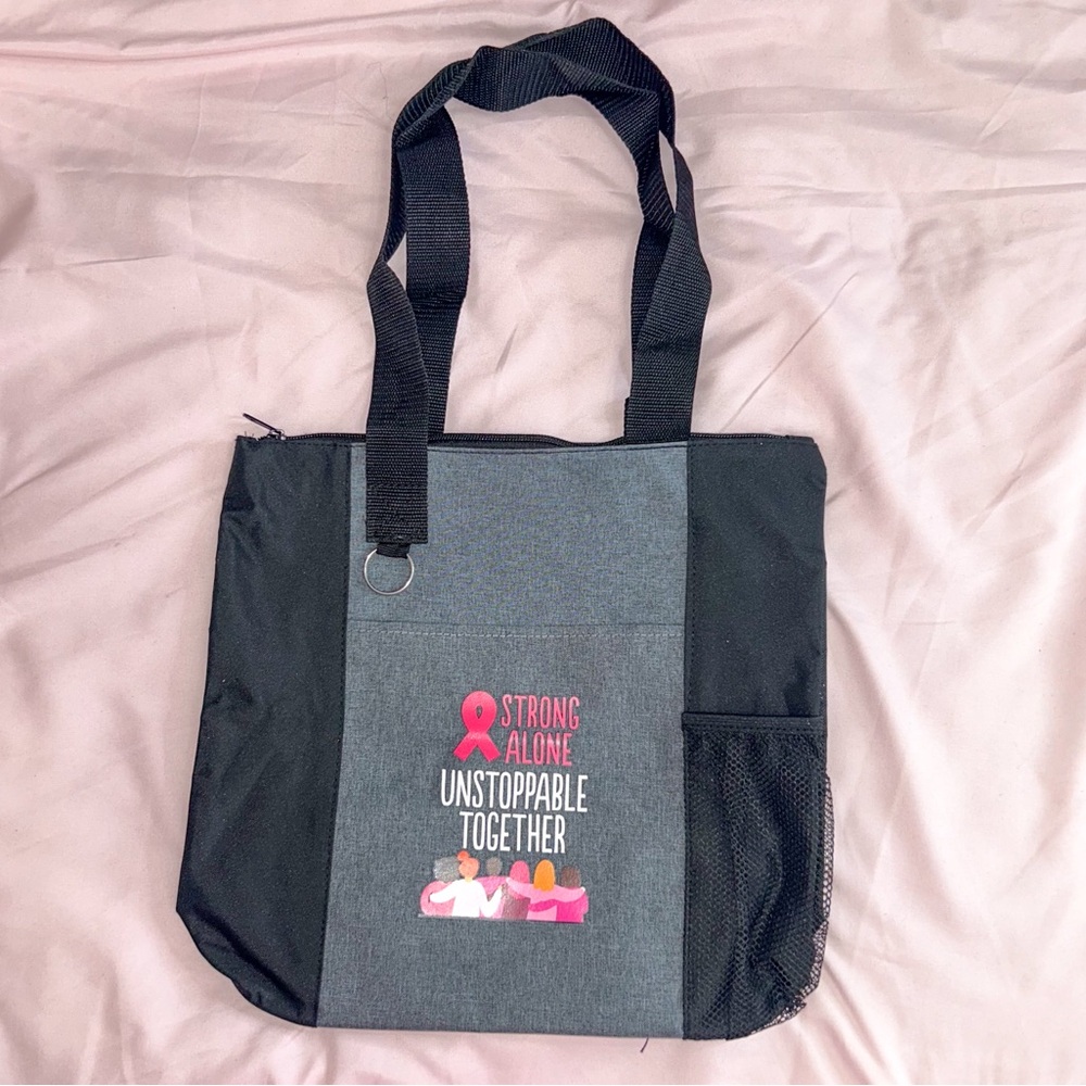 Breast Cancer Awareness Tote Bag with Inspirational Design Gray.